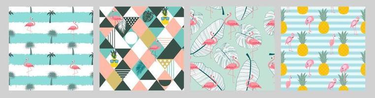 Geometric Pink Flamingo Seamless Pattern Background set. Vector Illustration