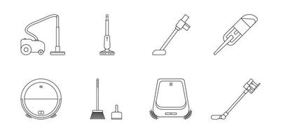 Floor cleaning set - broom, scoop, robot vacuum cleaner. Black and white icon. Vector Illustration