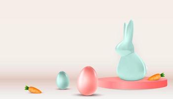 Easter poster template with 3d realistic  Easter eggs, bunny and Carrot. Template for advertising, poster, flyer, greeting card. Vector Illustration