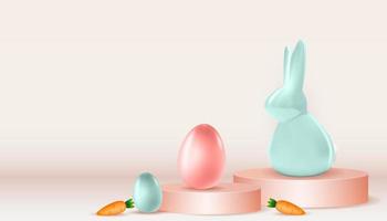 Easter poster template with 3d realistic  Easter eggs, bunny and Carrot. Template for advertising, poster, flyer, greeting card. Vector Illustration