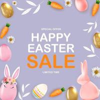 Happy Easter sale poster template with 3d realistic Easter eggs, bunny, carrot, flower and leaves.  Template for advertising, easter flyer, greeting card.  Vector Illustration