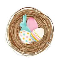 Easter Design Element Nest with Eggs and bunny. Vector Illustration