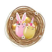 Happy Easter Cute Egg Rabbit Ears and Unicorn in bird nest. Vector Illustration