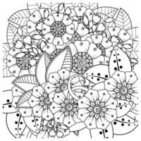 adorno decorativo de flores mehndi en estilo étnico oriental, adorno de doodle, dibujo a mano de contorno. página de libro para colorear. vector