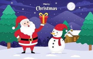 Santa Claus Brings Christmas Gift with Snowman Background vector