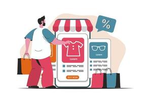 concepto de comercio móvil aislado. compras online, pago en aplicación móvil. escena de personas en diseño plano de dibujos animados. ilustración vectorial para blogs, sitios web, aplicaciones móviles, materiales promocionales. vector