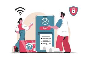 Online payment concept isolated. Payment by card and banking services in mobile app. People scene in flat cartoon design. Vector illustration for blogging, website, mobile app, promotional materials.