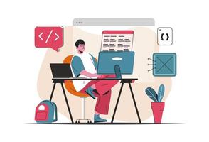 concepto de trabajo del programador aislado. creación y desarrollo de software, programas. escena de personas en diseño plano de dibujos animados. ilustración vectorial para blogs, sitios web, aplicaciones móviles, materiales promocionales. vector