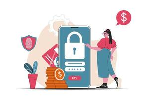 Secure payment concept isolated. Protection of financial transactions in mobile app. People scene in flat cartoon design. Vector illustration for blogging, website, mobile app, promotional materials.