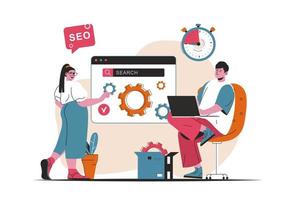 Seo analysis concept isolated. Setting up and optimizing search results for site. People scene in flat cartoon design. Vector illustration for blogging, website, mobile app, promotional materials.