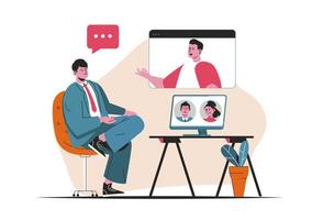 Video conference concept isolated. Online communication using video calls program. People scene in flat cartoon design. Vector illustration for blogging, website, mobile app, promotional materials.