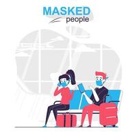 Masked people isolated cartoon concept. Travelers wearing masks sitting in airport lobby, people scene in flat design. Vector illustration for blogging, website, mobile app, mobile site.