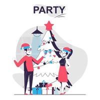 Party isolated cartoon concept. Man and woman celebrate christmas at holiday tree with gifts, people scene in flat design. Vector illustration for blogging, website, mobile app, promotional materials.
