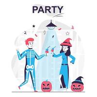 Party isolated cartoon concept. Man and woman celebrate Halloween, drink and have fun, people scene in flat design. Vector illustration for blogging, website, mobile app, promotional materials.