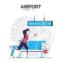 Airport isolated cartoon concept. Woman with luggage hurries to board plane, traveling people scene in flat design. Vector illustration for blogging, website, mobile app, promotional materials.