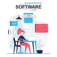 Programming software isolated cartoon concept. Developer writes and optimizes code project, people scene in flat design. Vector illustration for blogging, website, mobile app, promotional materials.