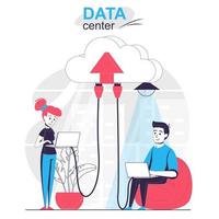 Data center isolated cartoon concept. Users connection to cloud storage and use databases people scene in flat design. Vector illustration for blogging, website, mobile app, promotional materials.