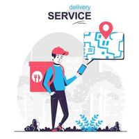 Delivery service isolated cartoon concept. Courier carries food order and tracks route in app people scene in flat design. Vector illustration for blogging, website, mobile app, promotional materials.