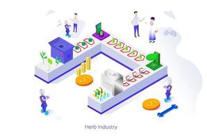 isométrica de la fábrica de la industria de la hierba mediante plantas de procesamiento, vegetales en extractos y producción de medicamentos o medicamentos para la salud médica. científicos que diseñan para operar robots de ia para controlar el producto vector