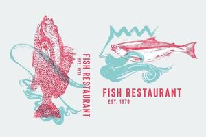 logotipo de restaurante de mariscos con mero pescado bailando flamenco y salmón con neptuno. Peces dibujados a mano por olas de ilustración de vector de falda flamenca. comida y baile español