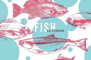 Beautiful fish background in bright blue and pink. Fish drawing with brush and ink with awesome live texture vector