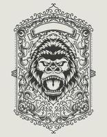 illustration gorilla head with engraving ornament vector