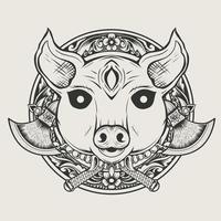 Ilustración de cabeza de diablo de cerdo estilo monocromo vector