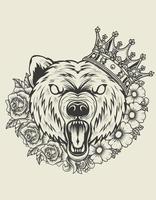 Ilustración cabeza de oso enojado con adorno de flores vector