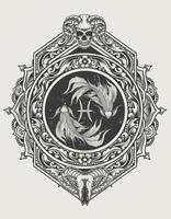 ilustración, pez, piscis, símbolo del zodíaco, con, grabado, ornamento, estilo vector
