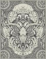 illustration deer skull with engraving ornament monochrome style vector