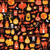 Diseño de patrones sin fisuras de halloween con fantasma, calavera, calabaza y gato negro sobre fondo negro. vector