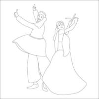 Couple playing dandia outline skeetch, navratri theme coloring pages vector