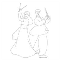 Couple playing dandia outline skeetch, navratri theme coloring pages vector