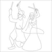 Couple playing dandia outline skeetch, navratri theme coloring pages vector