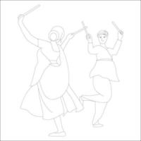 Couple playing dandia outline skeetch, navratri theme coloring pages vector