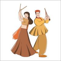 noche navratri-dandia, colorida ilustración de dandia jugando parejas vector