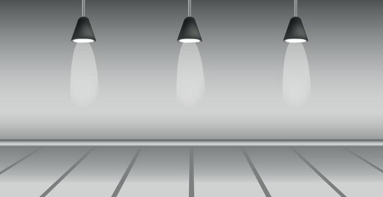 Realistic dark studio with spotlights lighting - Vector