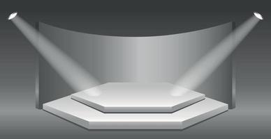 Realistic hexagonal white podium in dark studio - Vector