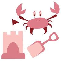 Children's vector image of a crab, a sand castle and a toy sand spatula.