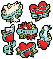 Set of stickers with the image of glass, bottle, heart, plants and ribbon with lettering in flat style. The set is placed on a white background in the old school. vector