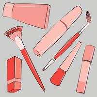 Makeup cosmetics set. Makeup brushes, lipstick, mascara, foundation, gloss, eyebrow powder. vector