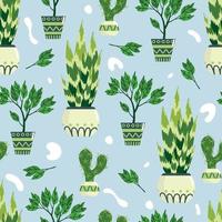 Pattern with indoor flowers in pots. Sansevieria trifasciata Prain, ficus and cactus in different sizes in different pots on a blue background. vector