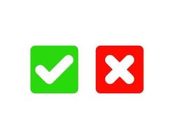 Green tick and red cross checkmarks in square flat icons. Vector illustration isolated on a white background. Acceptance of voting results. Premium quality.