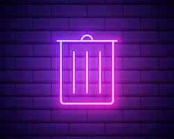 Glowing neon Trash can icon isolated on brick wall background. Garbage bin sign. Recycle basket icon. Office trash icon. Vector Illustration