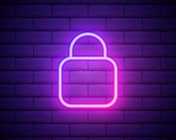 Glowing neon line Lock icon isolated on brick wall background. Closed padlock sign. Cyber security concept. Digital data protection. Safety safety. Colorful outline concept. Vector. vector