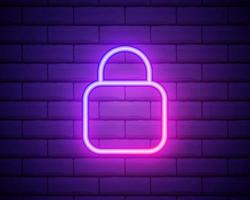 Glowing neon line Lock icon isolated on brick wall background. Closed padlock sign. Cyber security concept. Digital data protection. Safety safety. Colorful outline concept. Vector. vector