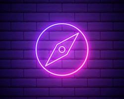 Glowing neon line Wind rose icon isolated on brick wall background. Compass icon for travel. Navigation design. Vector Illustration