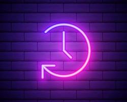 Glowing neon Clock with arrow icon isolated on brick wall background. Time symbol. Clockwise rotation icon arrow and time. Vector Illustration