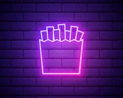 Glowing neon Potatoes french fries in carton package box icon isolated on brick wall background. Fast food menu. Vector