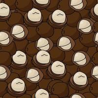 seamless pattern of macadamia nuts in shell and without on a dark brown background vector